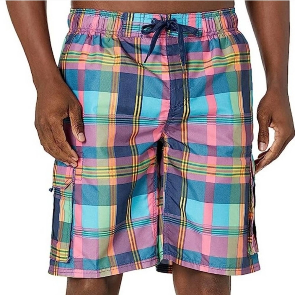 Kanu Surf Zuma Bright Plaid Long Length Swim Trunks Pockets UPF 50+ Sz XL
